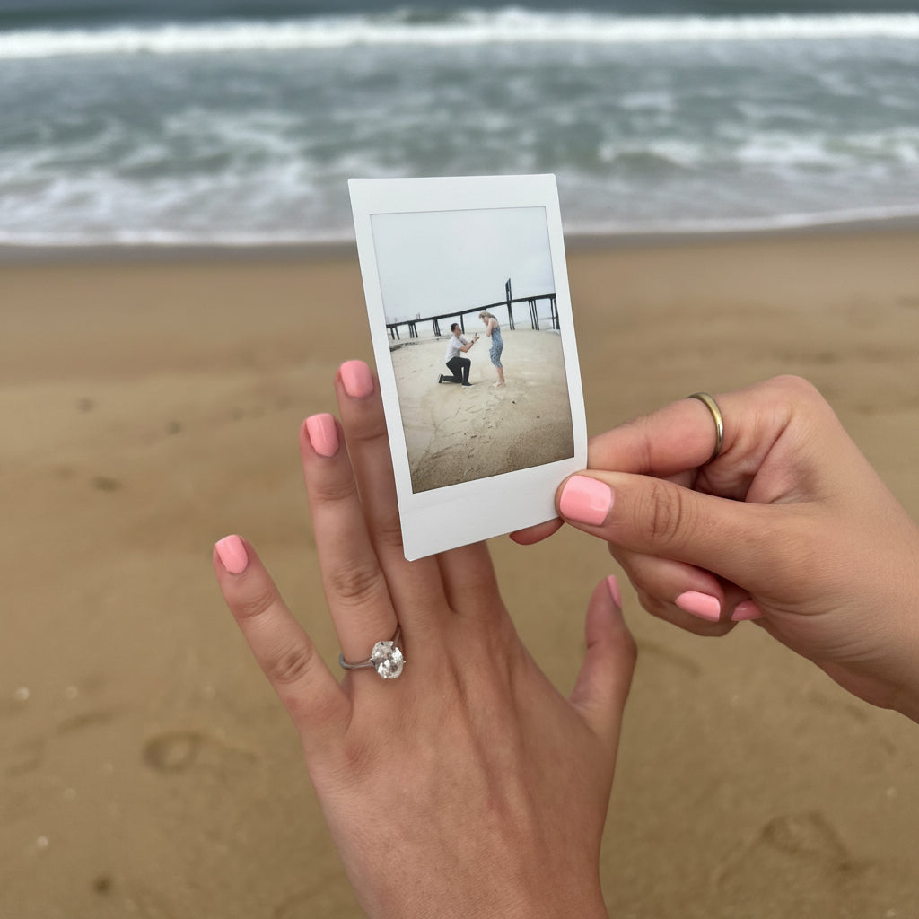 A person holding a printed instant photo of a beach proposal scene, with their own hand in the foreground wearing a silver ring with a clear flower-shaped gemstone. The background shows a sandy beach and the ocean.