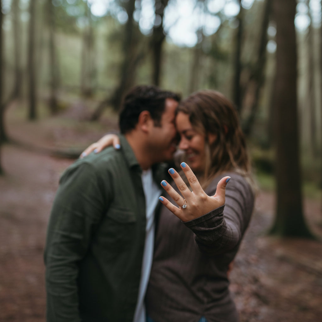 A couple embracing in a forest, with the woman holding up her hand to show a silver engagement ring with blue nail polish.