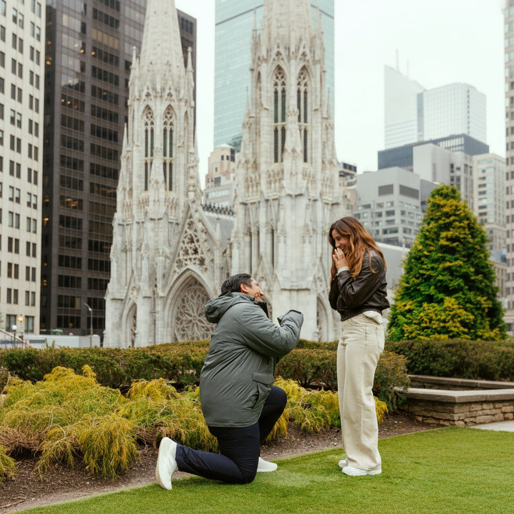 Man proposing to a woman in front of a cathedral in an urban setting